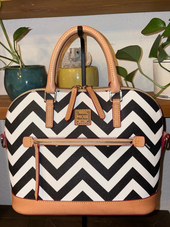Dooney & Bourke Handbags - Dooney & Bourke Black and White Chevron Satchel with Tan Trim